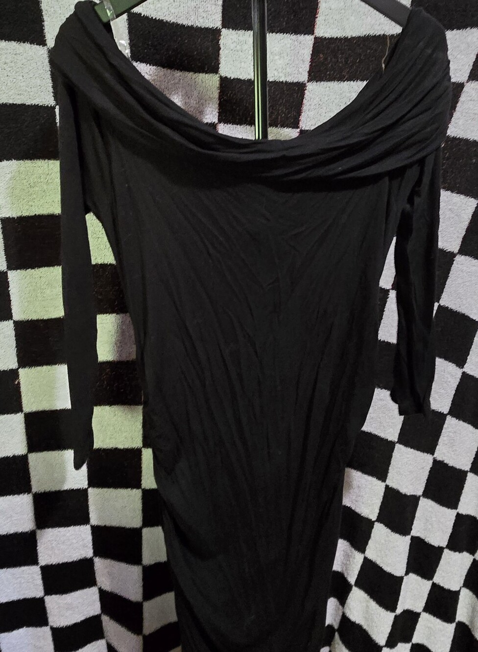See You Monday off-the-shoulder draped black midi dress